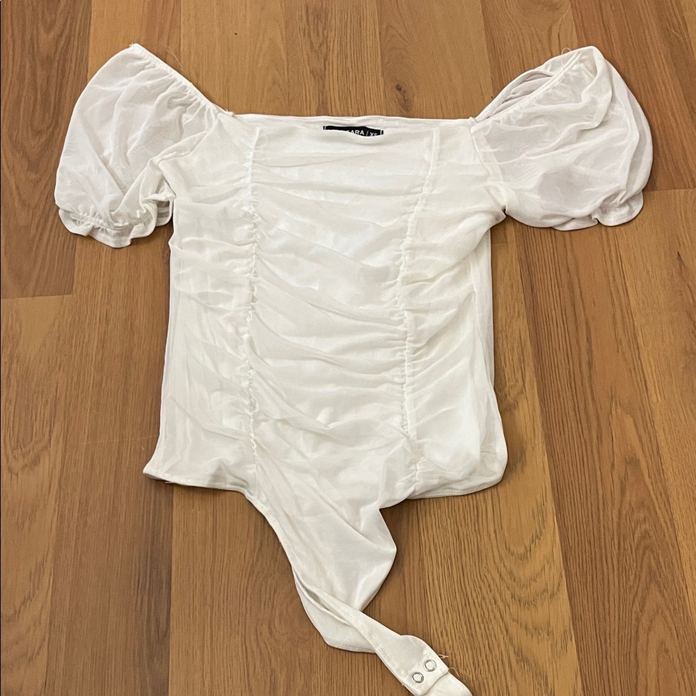 White Puff Sleeve Ruched Bodysuit - Ladies